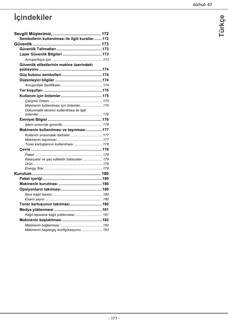 Içindekiler, Türkçe | Konica Minolta bizhub 43 User Manual | Page 173 / 258