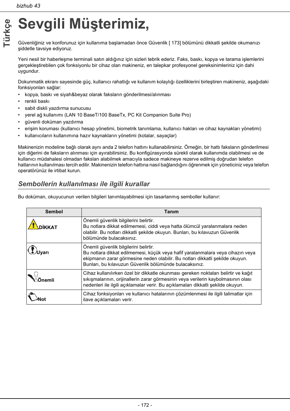 Sevgili müşterimiz, Sembollerin kullanılması ile ilgili kurallar, Türkçe | Konica Minolta bizhub 43 User Manual | Page 174 / 258