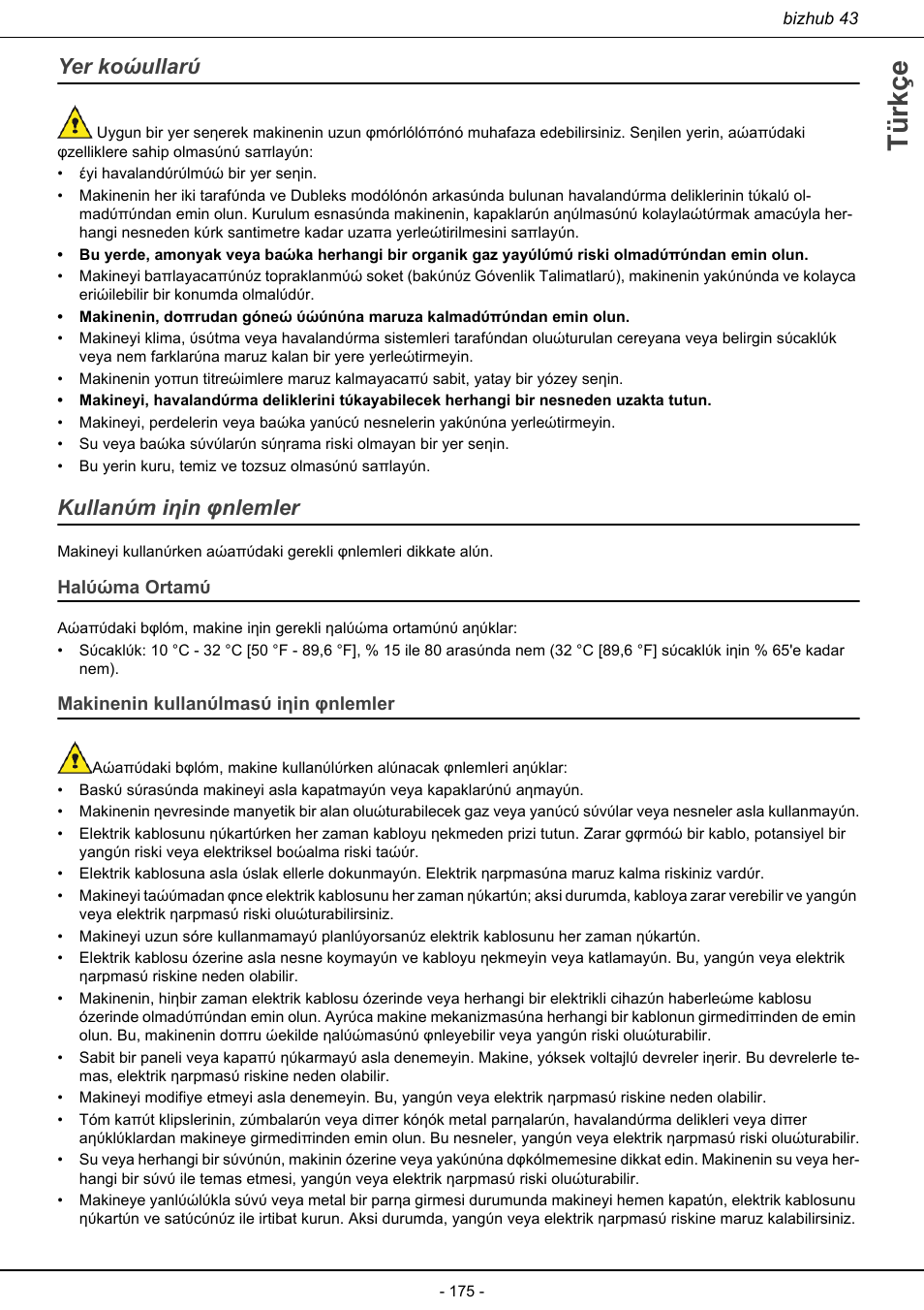 Yer koşulları kullanım için önlemler, Türkçe, Yer koώullarύ | Kullanύm iηin φnlemler | Konica Minolta bizhub 43 User Manual | Page 177 / 258