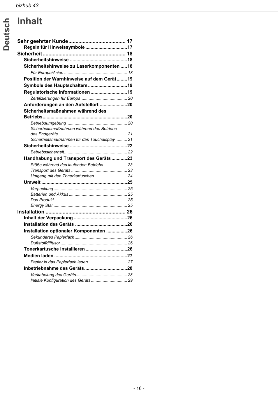 Inhalt, Deutsch | Konica Minolta bizhub 43 User Manual | Page 18 / 258