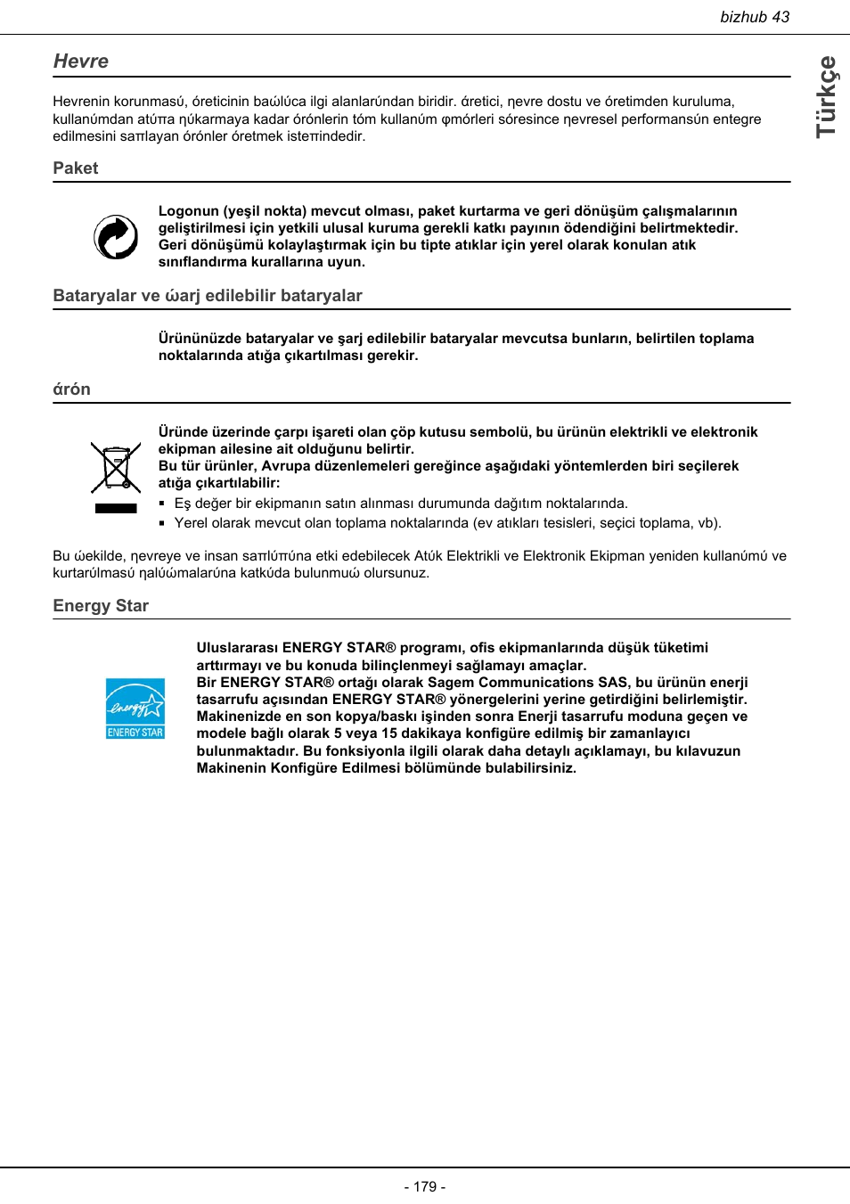 Çevre, Türkçe, Ηevre | Paket, Bataryalar ve ώarj edilebilir bataryalar, Άrόn, Energy star | Konica Minolta bizhub 43 User Manual | Page 181 / 258