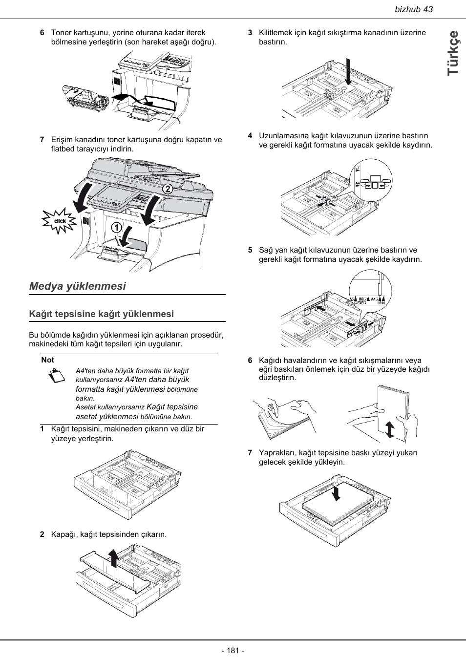 Medya yüklenmesi, Kağıt tepsisine kağıt yüklenmesi, Türkçe | Konica Minolta bizhub 43 User Manual | Page 183 / 258