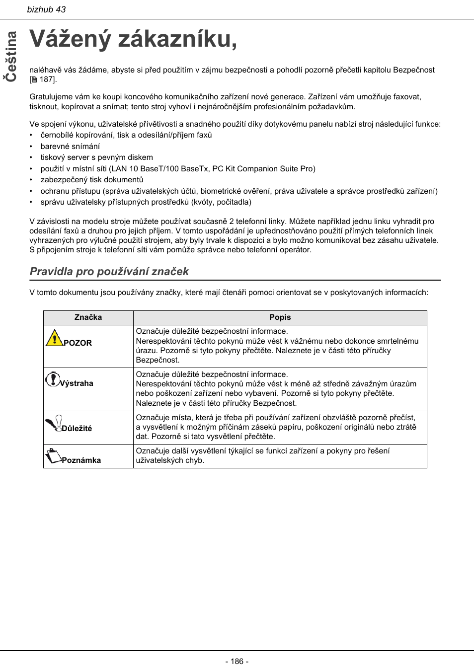 Vážený zákazníku, Pravidla pro používání značek, Čeština | Konica Minolta bizhub 43 User Manual | Page 188 / 258