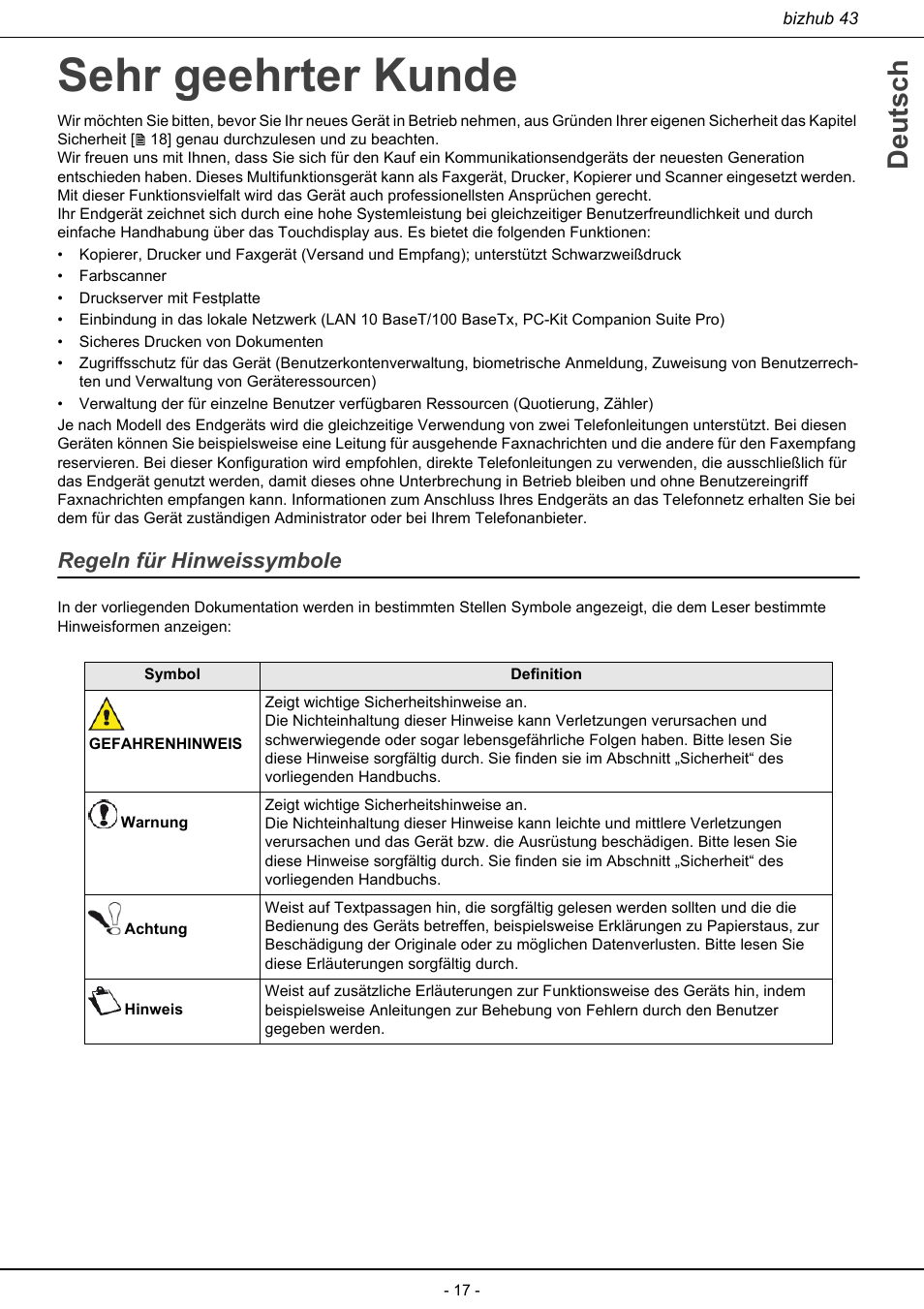 Sehr geehrter kunde, Regeln für hinweissymbole, Deutsch | Konica Minolta bizhub 43 User Manual | Page 19 / 258