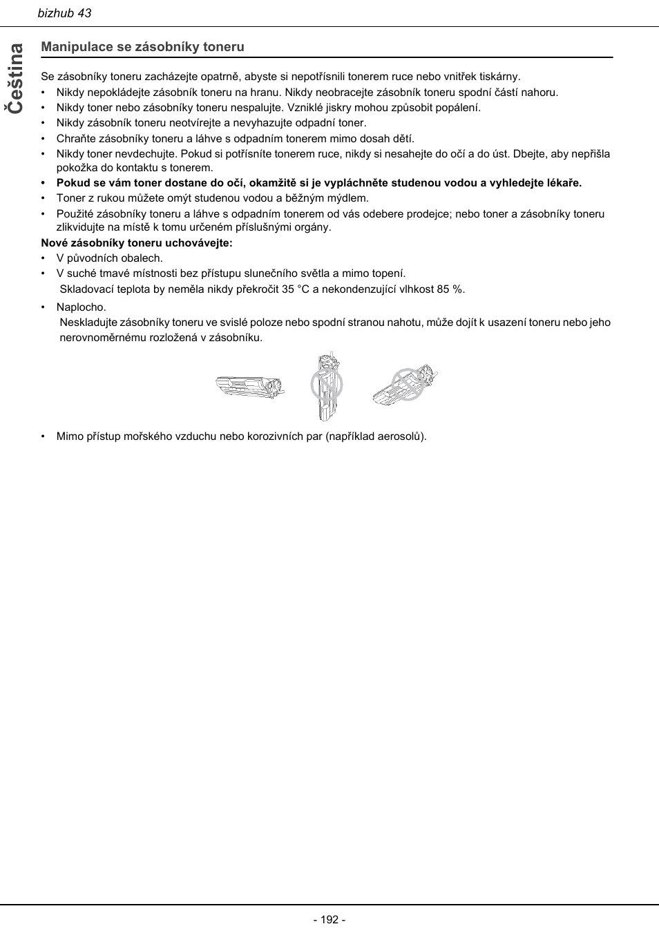 Manipulace se zásobníky toneru, Čeština | Konica Minolta bizhub 43 User Manual | Page 194 / 258