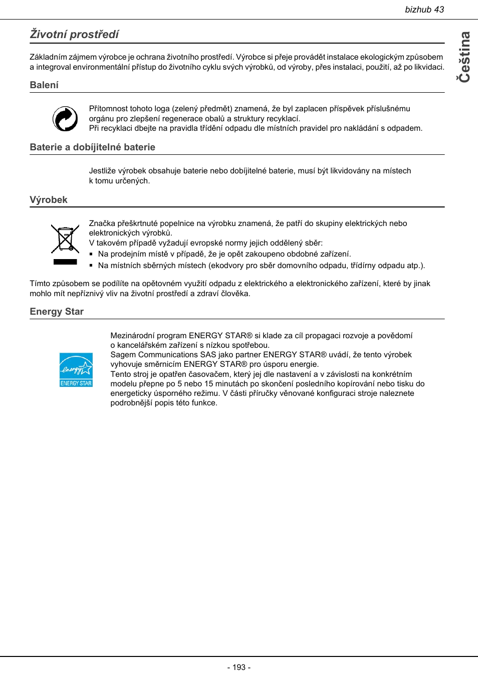 Životní prostředí, Čeština, Balení | Baterie a dobíjitelné baterie, Výrobek, Energy star | Konica Minolta bizhub 43 User Manual | Page 195 / 258