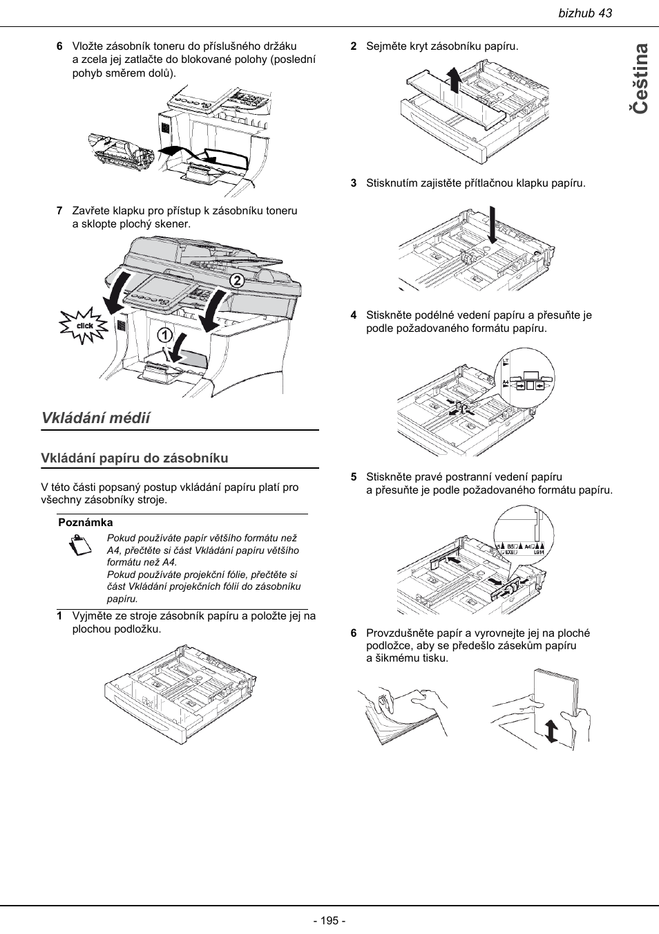 Vkládání médií, Vkládání papíru do zásobníku, Čeština | Konica Minolta bizhub 43 User Manual | Page 197 / 258