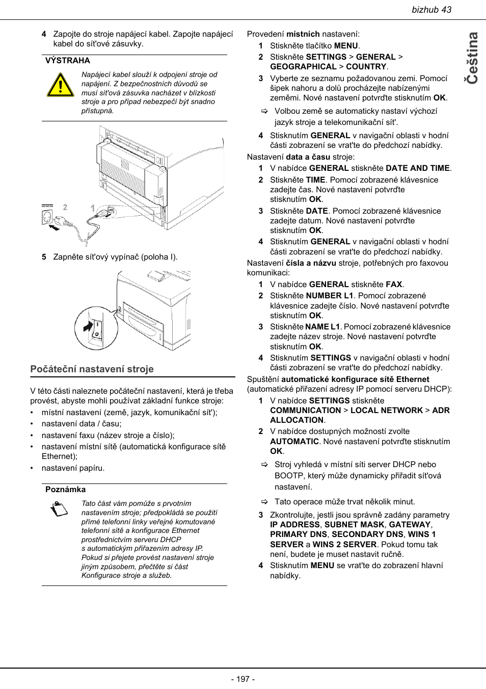 Počáteční nastavení stroje, Čeština | Konica Minolta bizhub 43 User Manual | Page 199 / 258