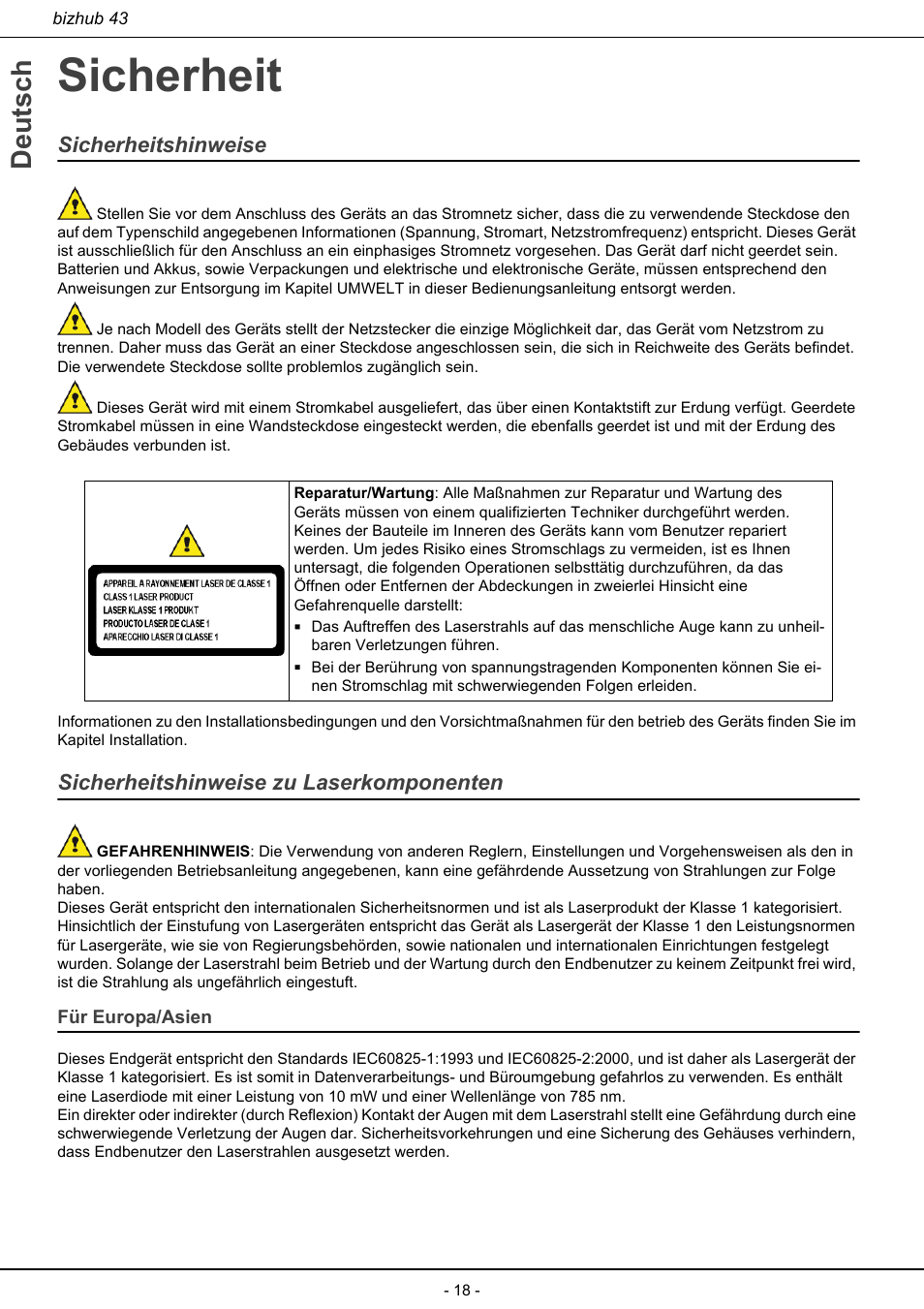 Sicherheit, Für europa/asien, Deutsch | Sicherheitshinweise, Sicherheitshinweise zu laserkomponenten | Konica Minolta bizhub 43 User Manual | Page 20 / 258