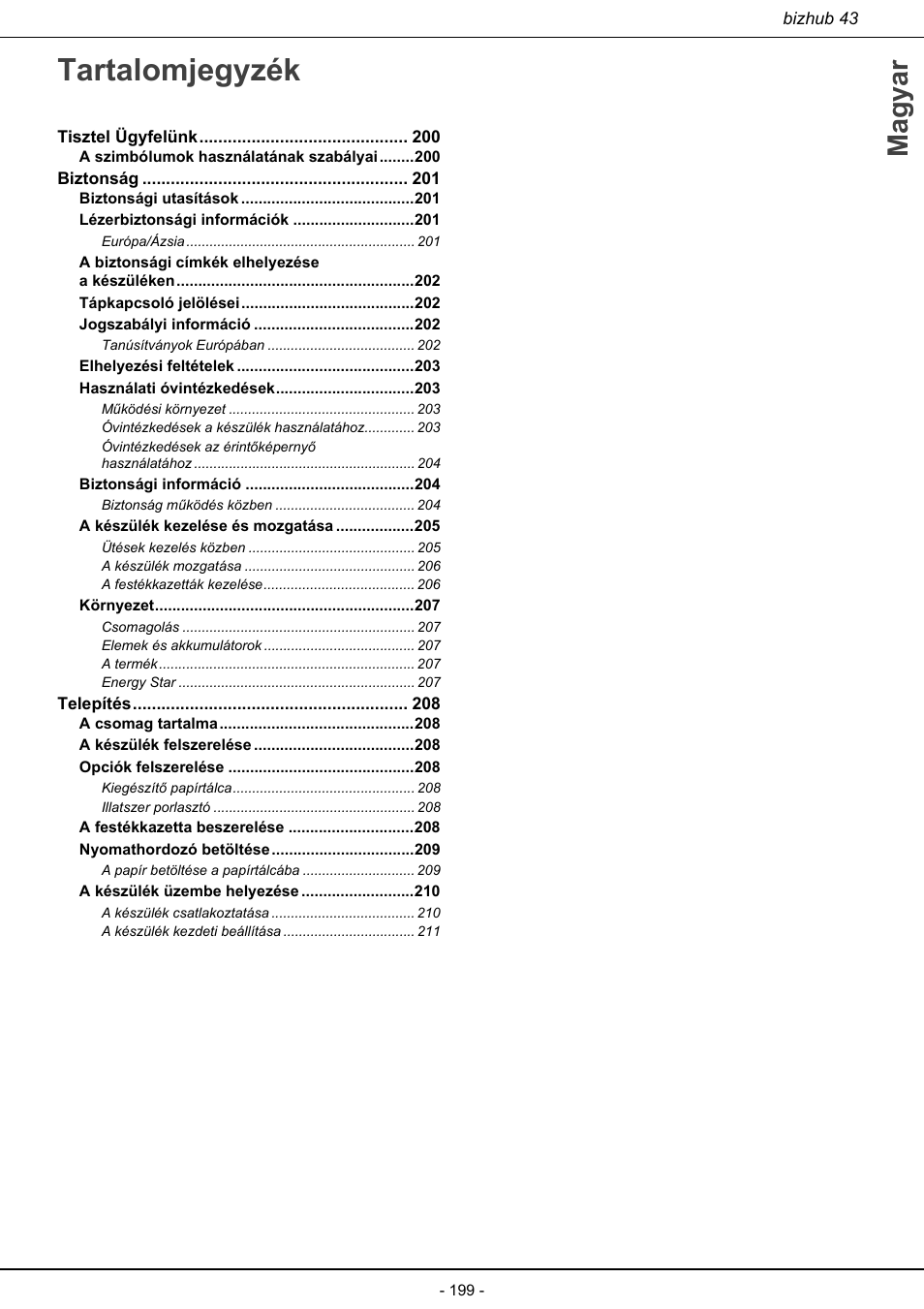 Tartalomjegyzék, Magyar | Konica Minolta bizhub 43 User Manual | Page 201 / 258