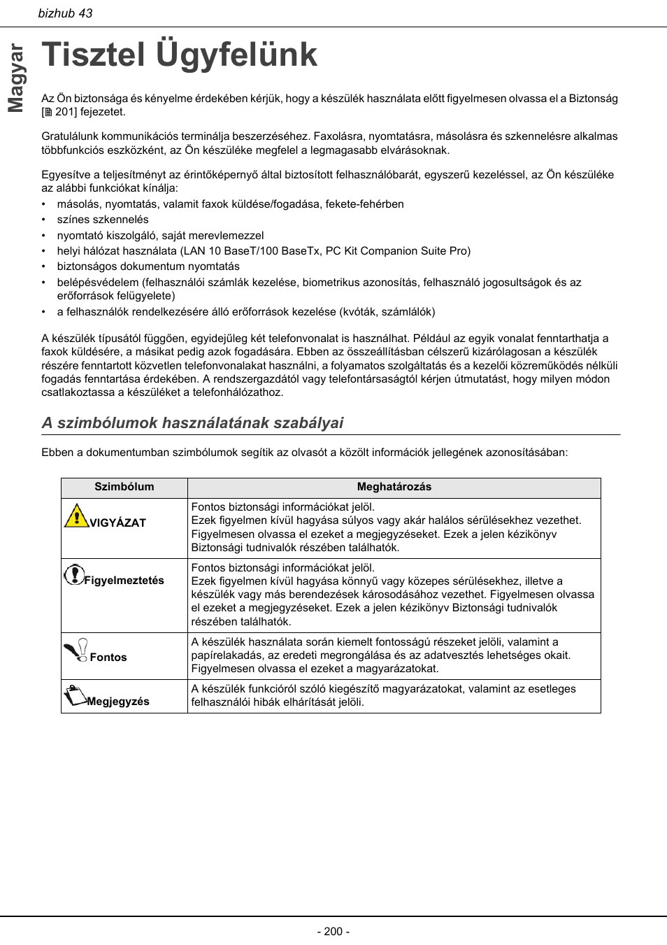 Tisztel ügyfelünk, A szimbólumok használatának szabályai, Magyar | Konica Minolta bizhub 43 User Manual | Page 202 / 258