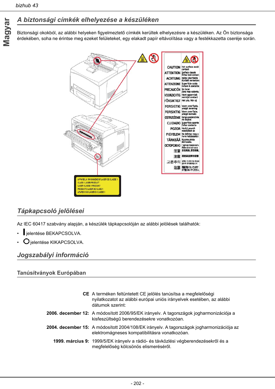 Tanúsítványok európában, Magyar, A biztonsági címkék elhelyezése a készüléken | Tápkapcsoló jelölései, Jogszabályi információ | Konica Minolta bizhub 43 User Manual | Page 204 / 258