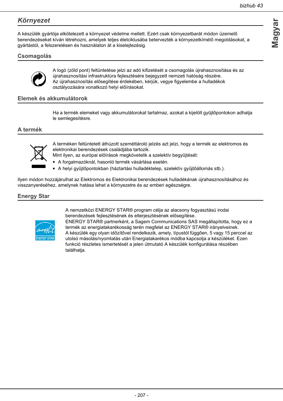 Környezet, Magyar, Csomagolás | Elemek és akkumulátorok, A termék, Energy star | Konica Minolta bizhub 43 User Manual | Page 209 / 258