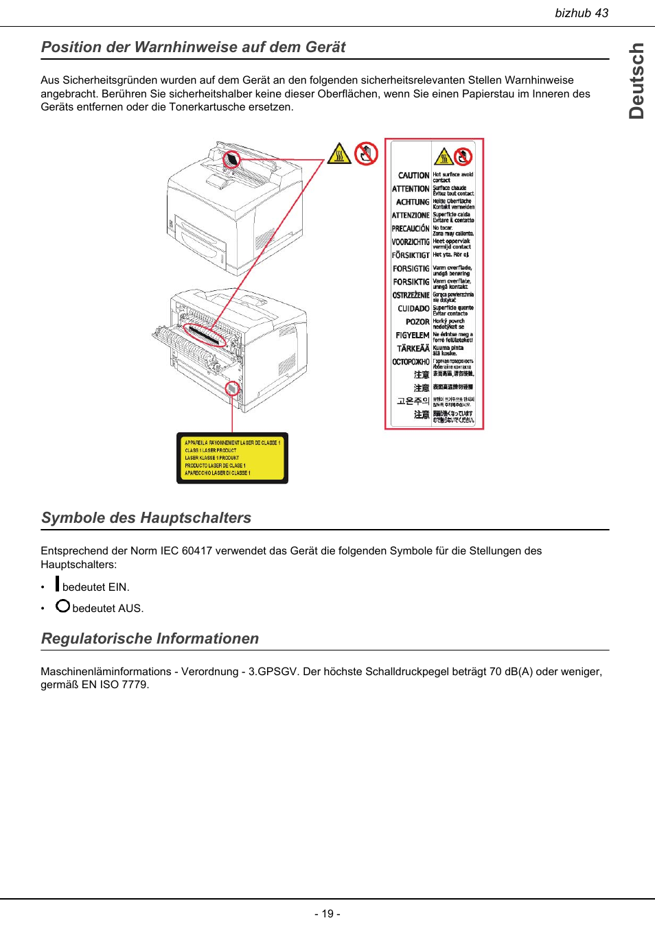 Deutsch, Position der warnhinweise auf dem gerät, Symbole des hauptschalters | Regulatorische informationen | Konica Minolta bizhub 43 User Manual | Page 21 / 258