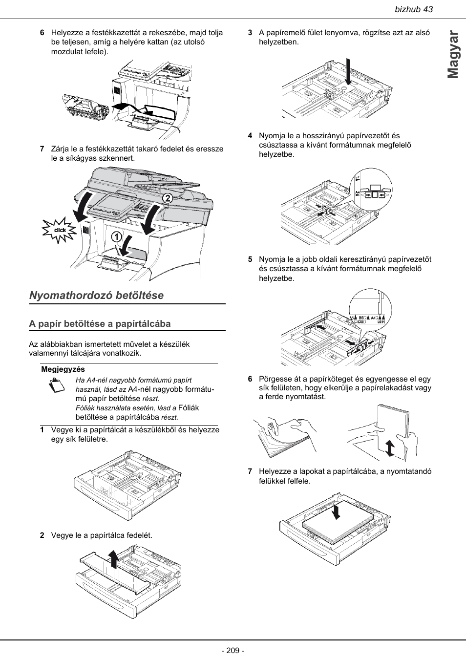 Nyomathordozó betöltése, A papír betöltése a papírtálcába, Magyar | Konica Minolta bizhub 43 User Manual | Page 211 / 258