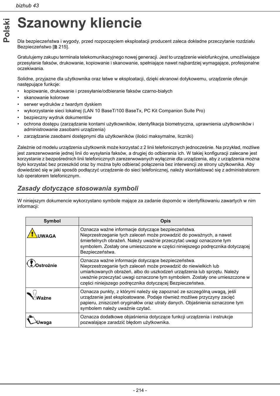 Szanowny kliencie, Zasady dotyczące stosowania symboli, Polski | Konica Minolta bizhub 43 User Manual | Page 216 / 258