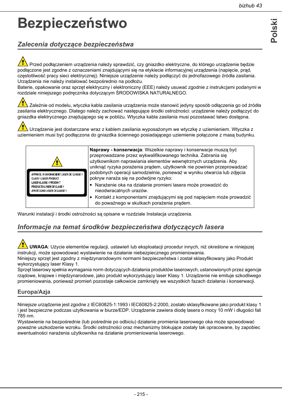 Bezpieczeństwo, Europa/azja, Polski | Zalecenia dotyczące bezpieczeństwa | Konica Minolta bizhub 43 User Manual | Page 217 / 258