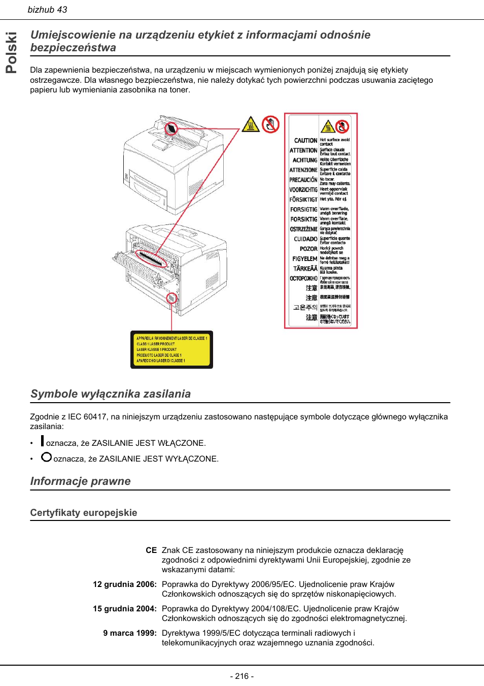 Certyfikaty europejskie, Polski, Symbole wyłącznika zasilania | Informacje prawne | Konica Minolta bizhub 43 User Manual | Page 218 / 258