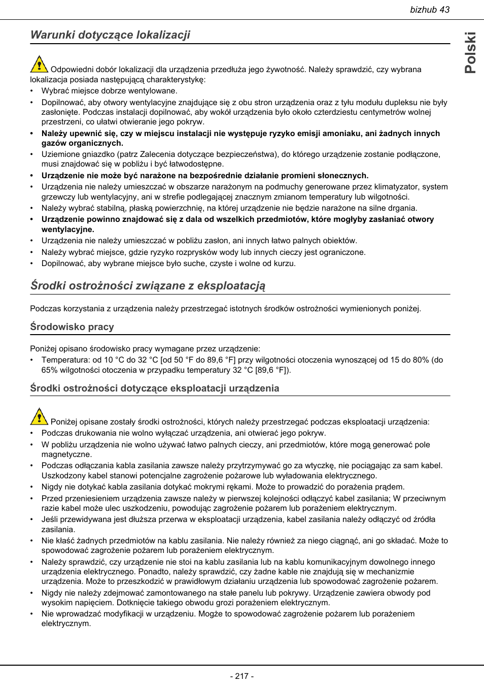 Polski, Warunki dotyczące lokalizacji, Środki ostrożności związane z eksploatacją | Konica Minolta bizhub 43 User Manual | Page 219 / 258