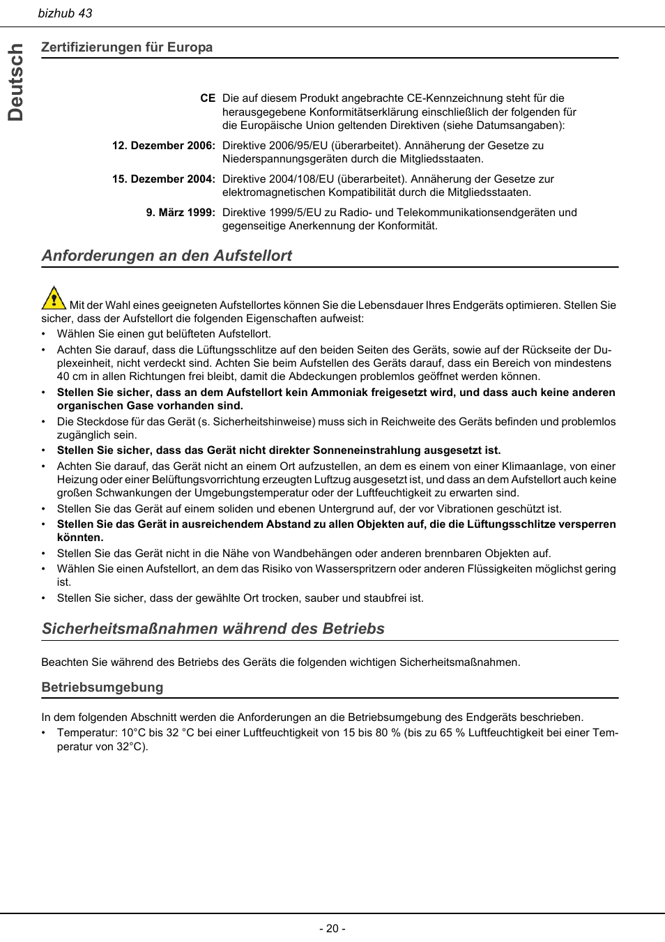 Zertifizierungen für europa, Betriebsumgebung, Deutsch | Anforderungen an den aufstellort, Sicherheitsmaßnahmen während des betriebs | Konica Minolta bizhub 43 User Manual | Page 22 / 258