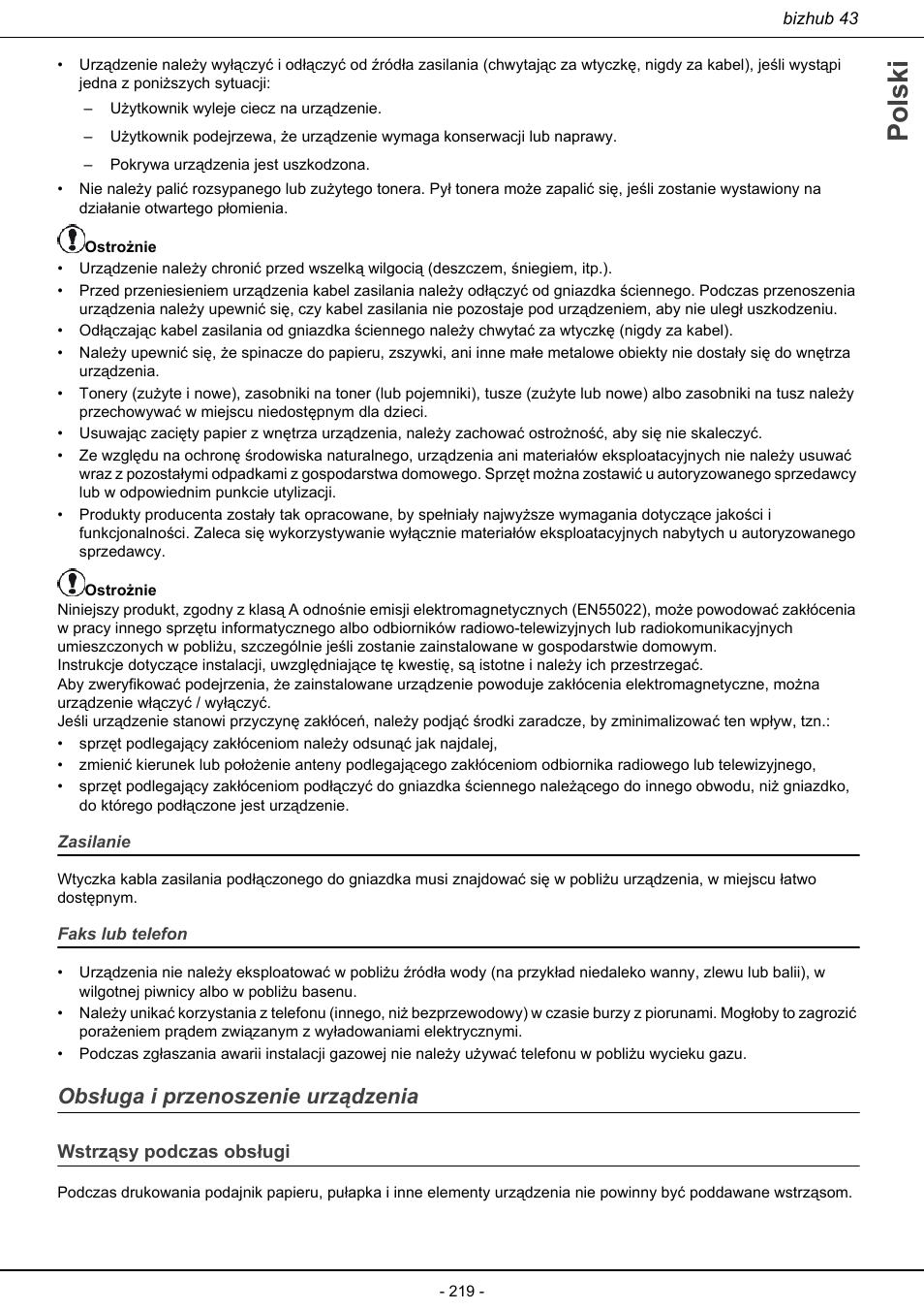 Obsługa i przenoszenie urządzenia, Wstrząsy podczas obsługi, Polski | Konica Minolta bizhub 43 User Manual | Page 221 / 258