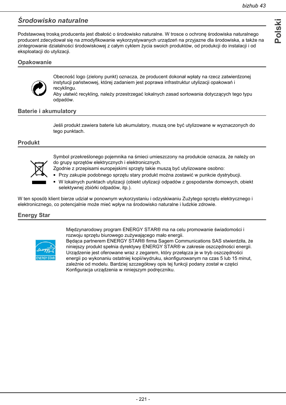 Środowisko naturalne, Polski, Opakowanie | Baterie i akumulatory, Produkt, Energy star | Konica Minolta bizhub 43 User Manual | Page 223 / 258