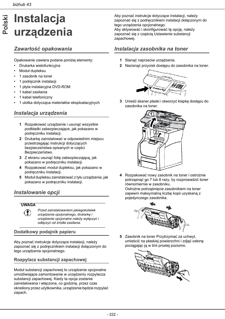 Instalacja urządzenia, Instalacja zasobnika na toner, Polski | Zawartość opakowania, Instalowanie opcji | Konica Minolta bizhub 43 User Manual | Page 224 / 258