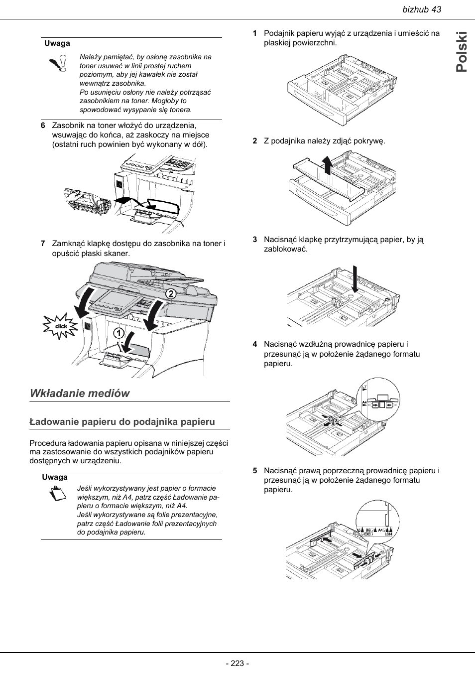 Wkładanie mediów, Ładowanie papieru do podajnika papieru, Polski | Konica Minolta bizhub 43 User Manual | Page 225 / 258