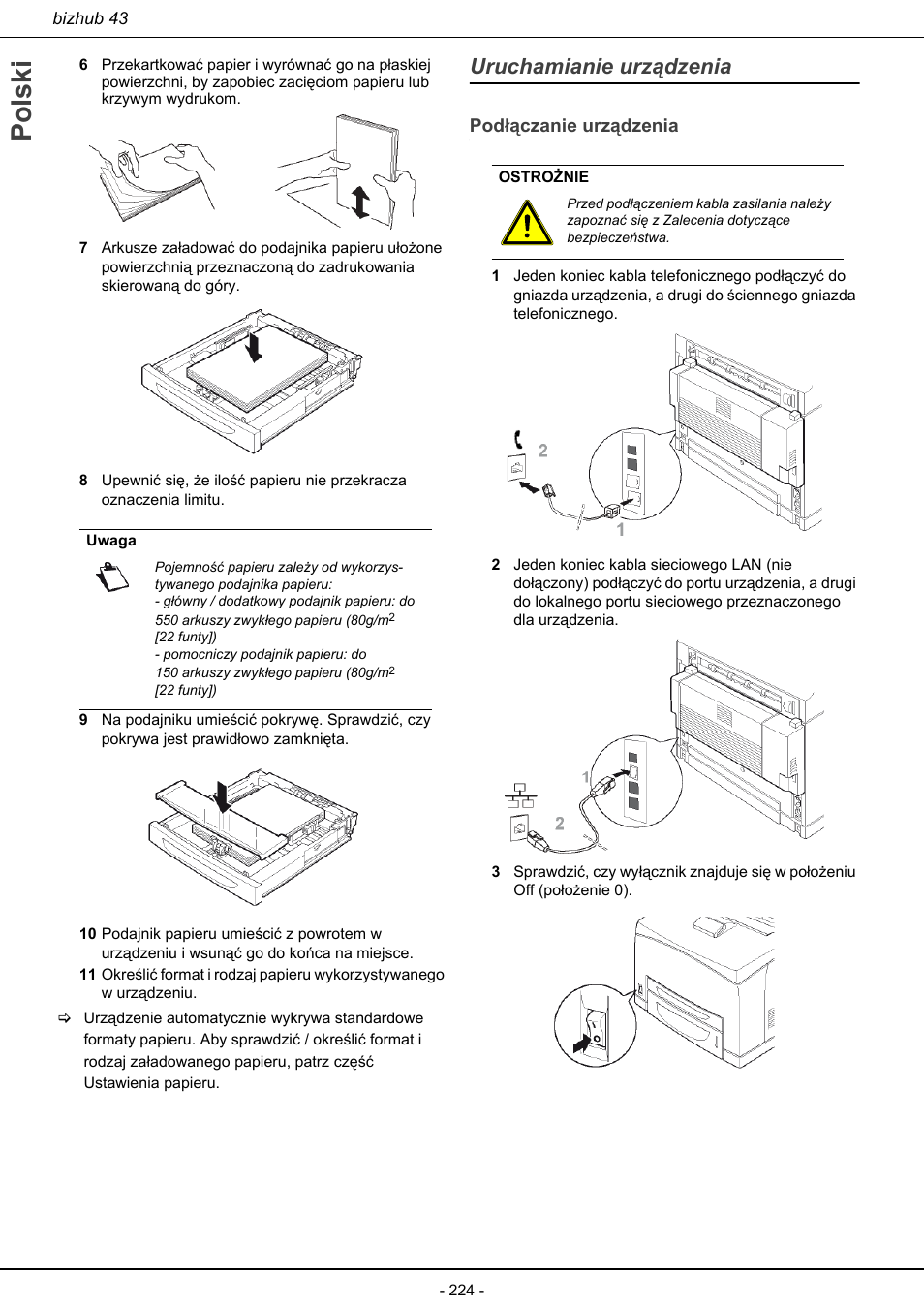 Uruchamianie urządzenia, Podłączanie urządzenia, Polski | Konica Minolta bizhub 43 User Manual | Page 226 / 258