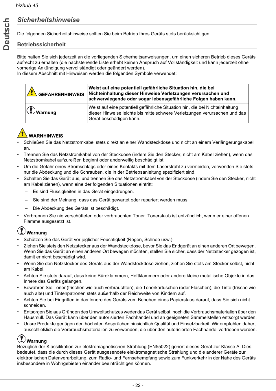 Sicherheitshinweise, Betriebssicherheit, Deutsch | Konica Minolta bizhub 43 User Manual | Page 24 / 258