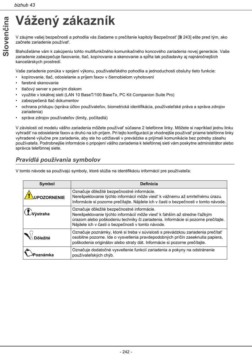 Vážený zákazník, Pravidlá používania symbolov, Sloven čina | Konica Minolta bizhub 43 User Manual | Page 244 / 258