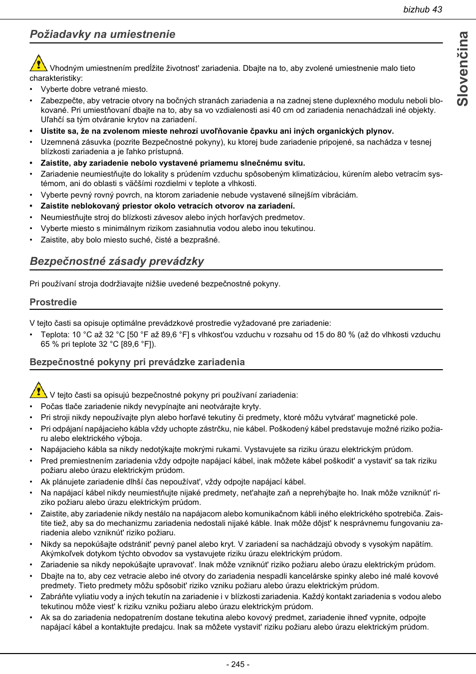 Sloven čina, Požiadavky na umiestnenie, Bezpečnostné zásady prevádzky | Konica Minolta bizhub 43 User Manual | Page 247 / 258