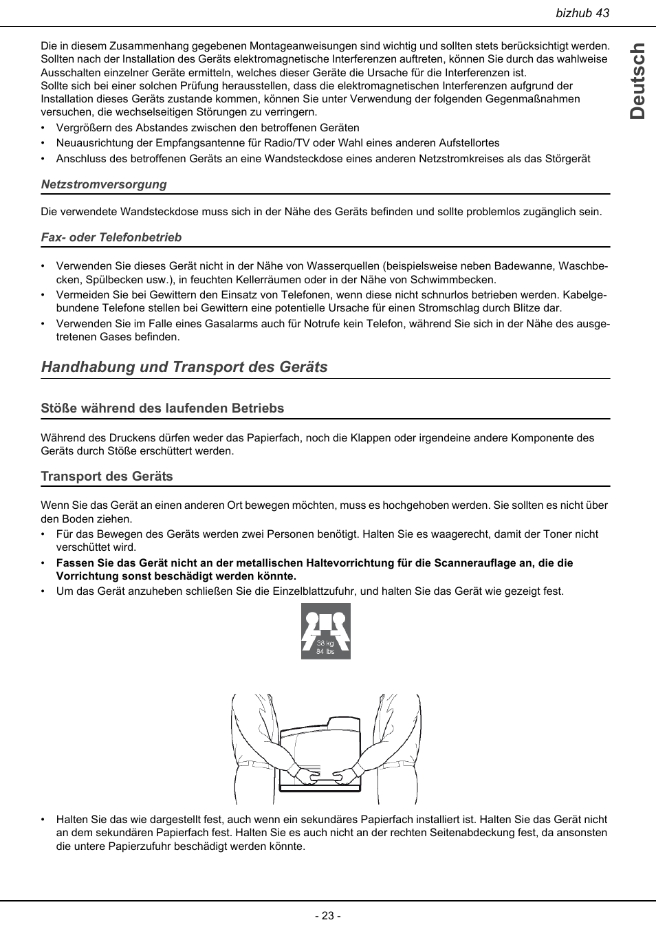 Handhabung und transport des geräts, Deutsch | Konica Minolta bizhub 43 User Manual | Page 25 / 258