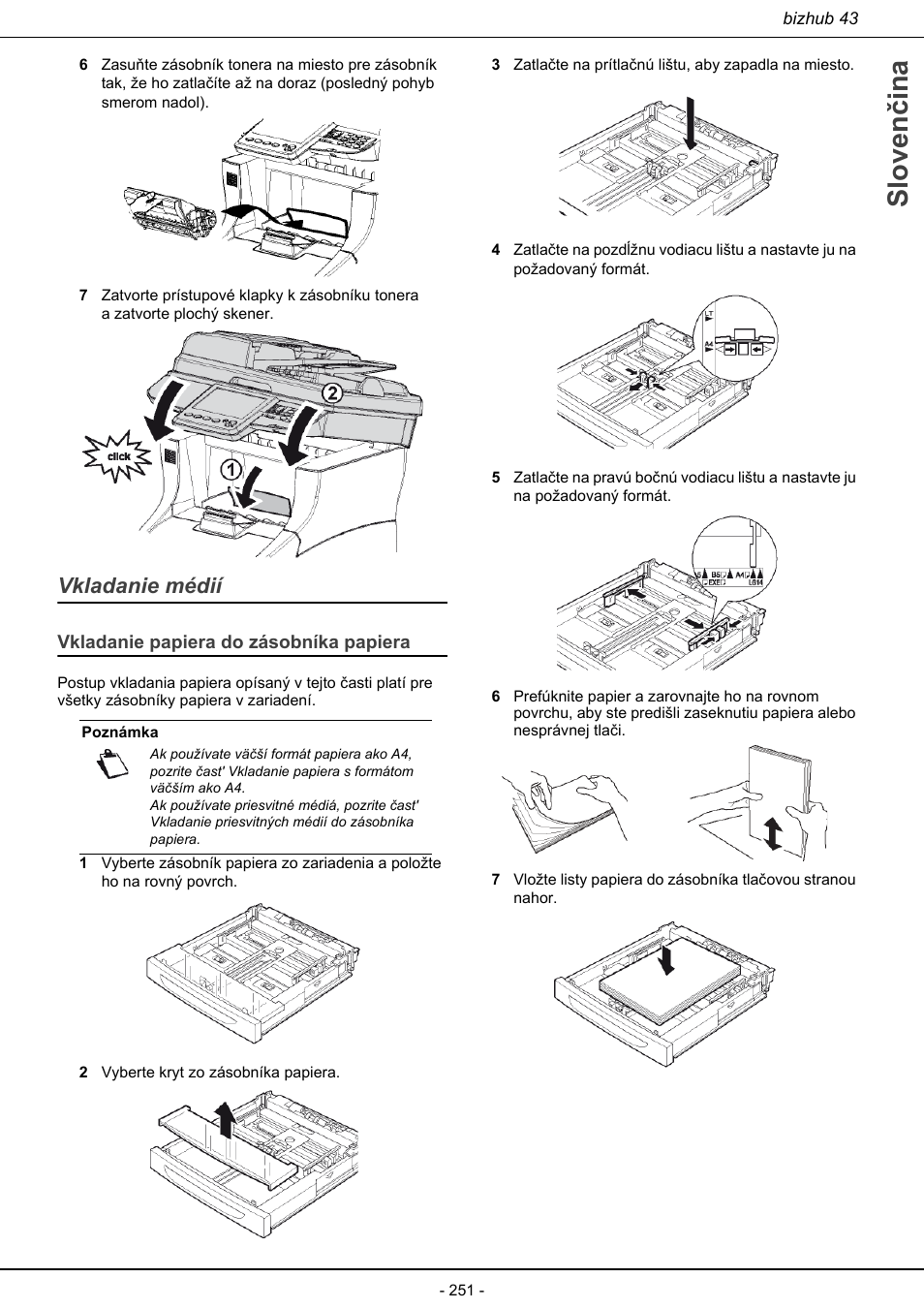 Vkladanie médií, Vkladanie papiera do zásobníka papiera, Sloven čina | Konica Minolta bizhub 43 User Manual | Page 253 / 258