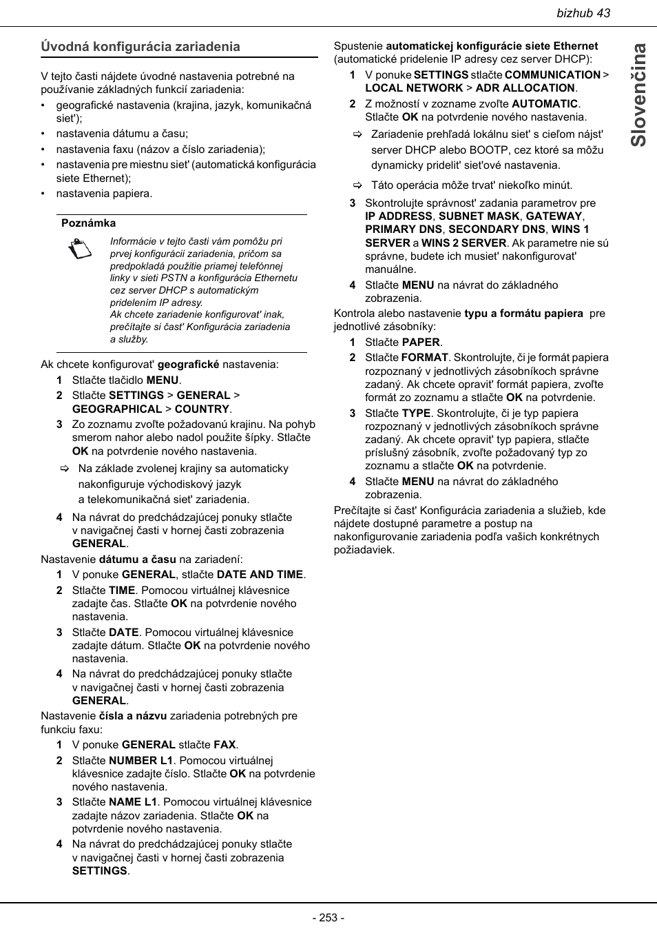 Úvodná konfigurácia zariadenia, Sloven čina | Konica Minolta bizhub 43 User Manual | Page 255 / 258