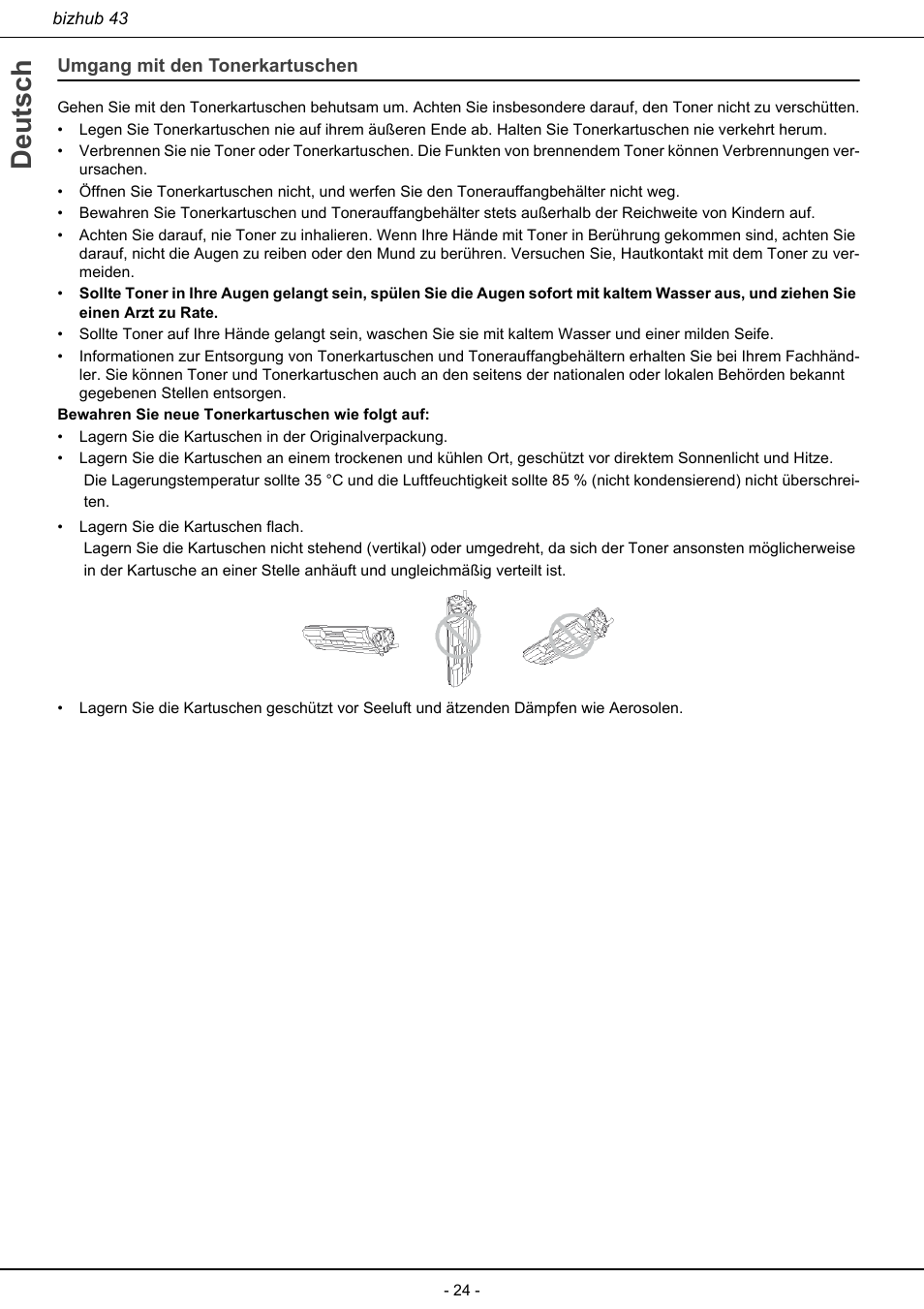 Umgang mit den tonerkartuschen, Deutsch | Konica Minolta bizhub 43 User Manual | Page 26 / 258