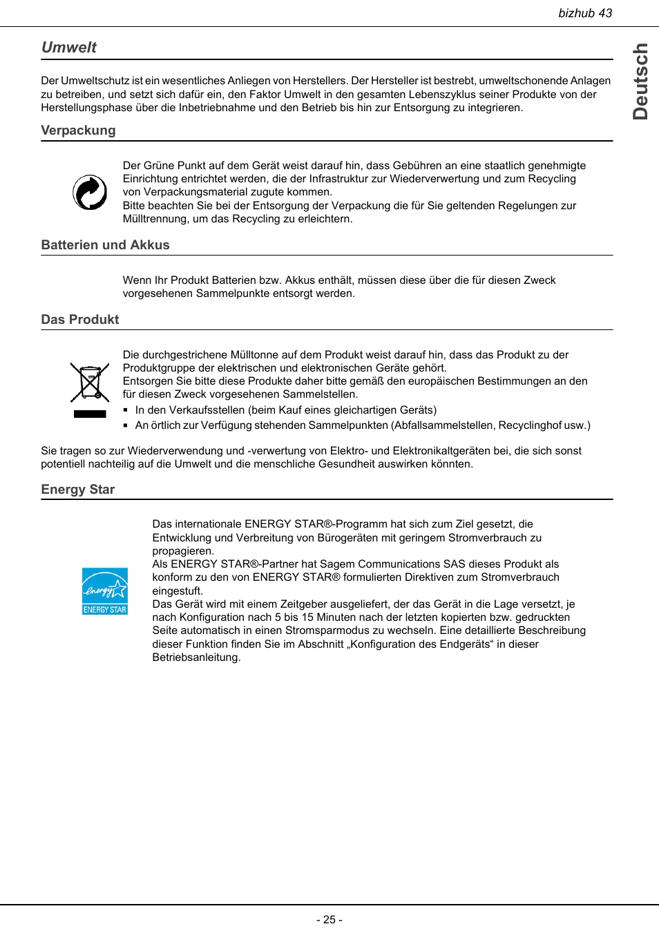 Umwelt, Deutsch, Verpackung | Batterien und akkus, Das produkt, Energy star | Konica Minolta bizhub 43 User Manual | Page 27 / 258