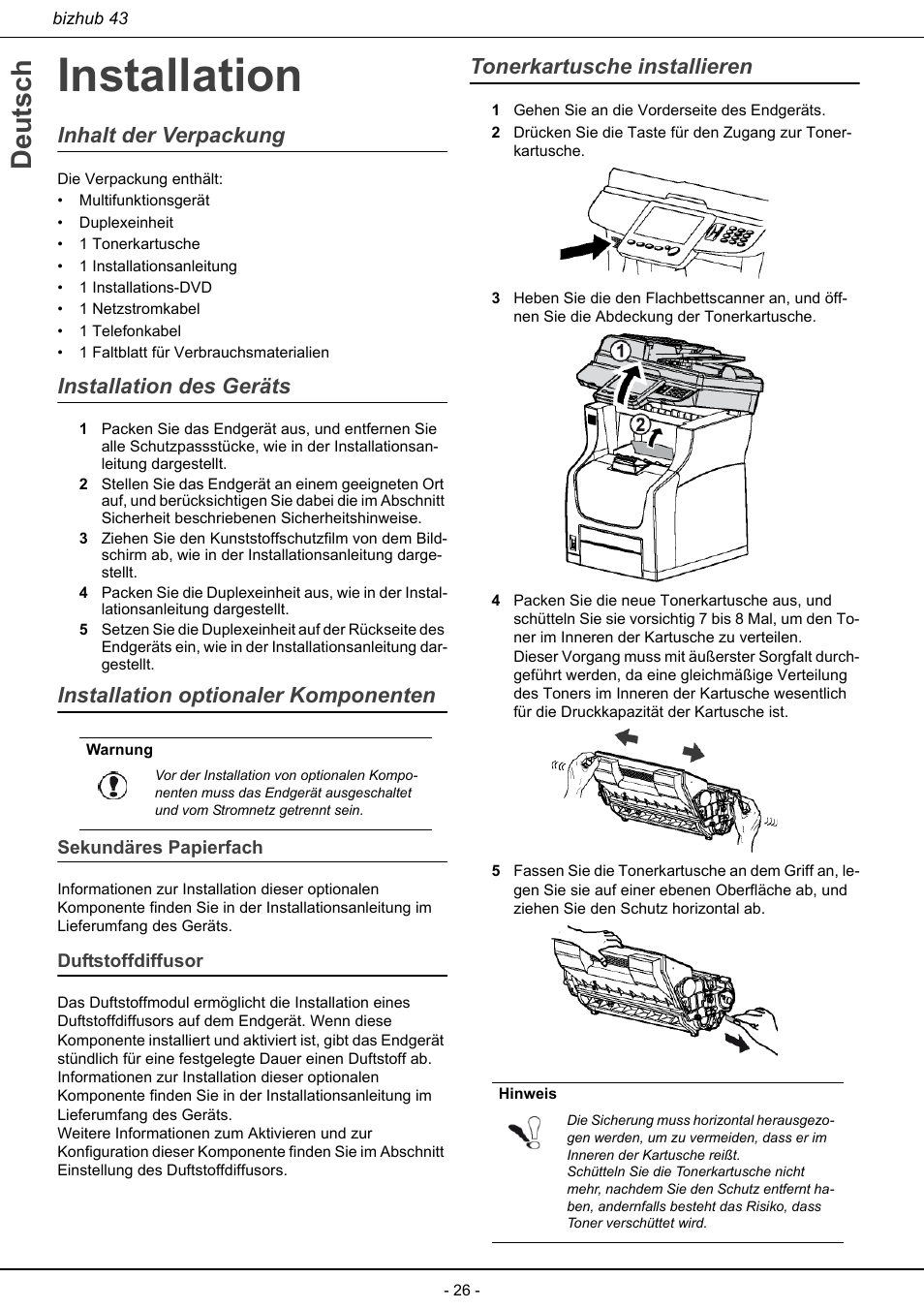 Installation, Sekundäres papierfach duftstoffdiffusor, Tonerkartusche installieren | Deutsch, Inhalt der verpackung, Installation des geräts, Installation optionaler komponenten | Konica Minolta bizhub 43 User Manual | Page 28 / 258