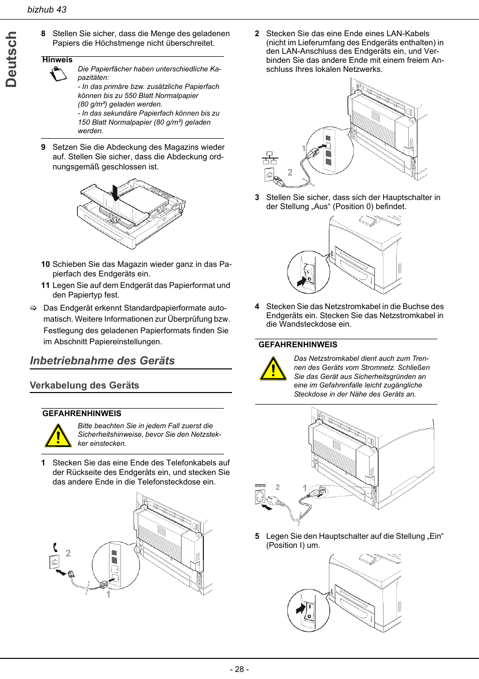 Inbetriebnahme des geräts, Verkabelung des geräts, Deutsch | Konica Minolta bizhub 43 User Manual | Page 30 / 258