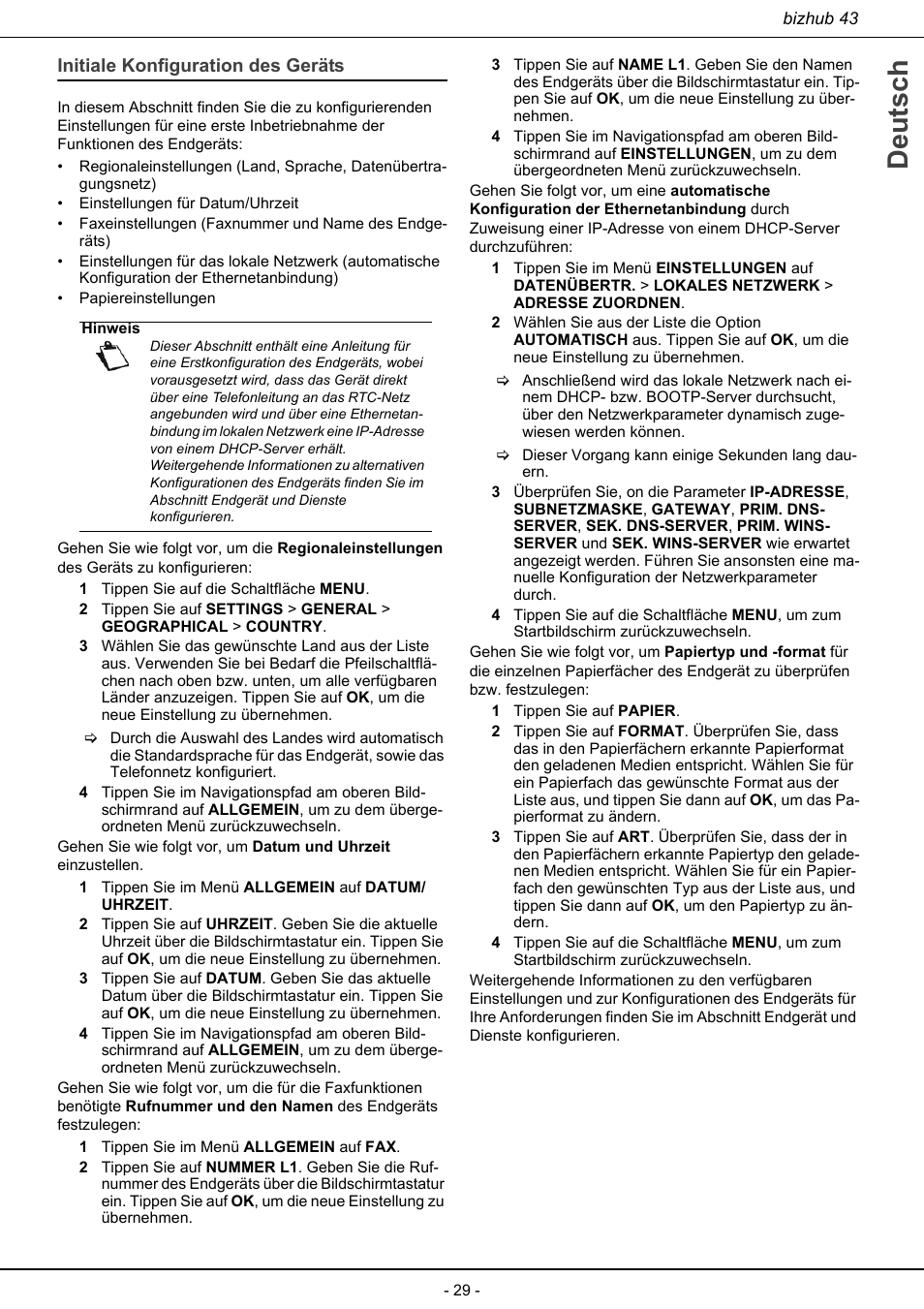 Initiale konfiguration des geräts, Deutsch | Konica Minolta bizhub 43 User Manual | Page 31 / 258