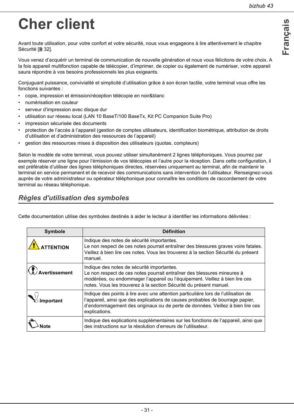 Cher client, Règles d'utilisation des symboles, Français | Konica Minolta bizhub 43 User Manual | Page 33 / 258