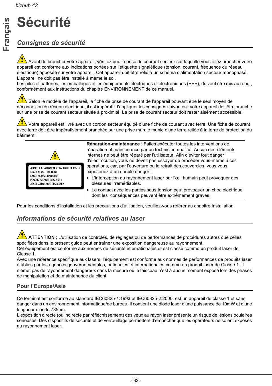 Sécurité, Pour l'europe/asie, Français | Consignes de sécurité, Informations de sécurité relatives au laser | Konica Minolta bizhub 43 User Manual | Page 34 / 258