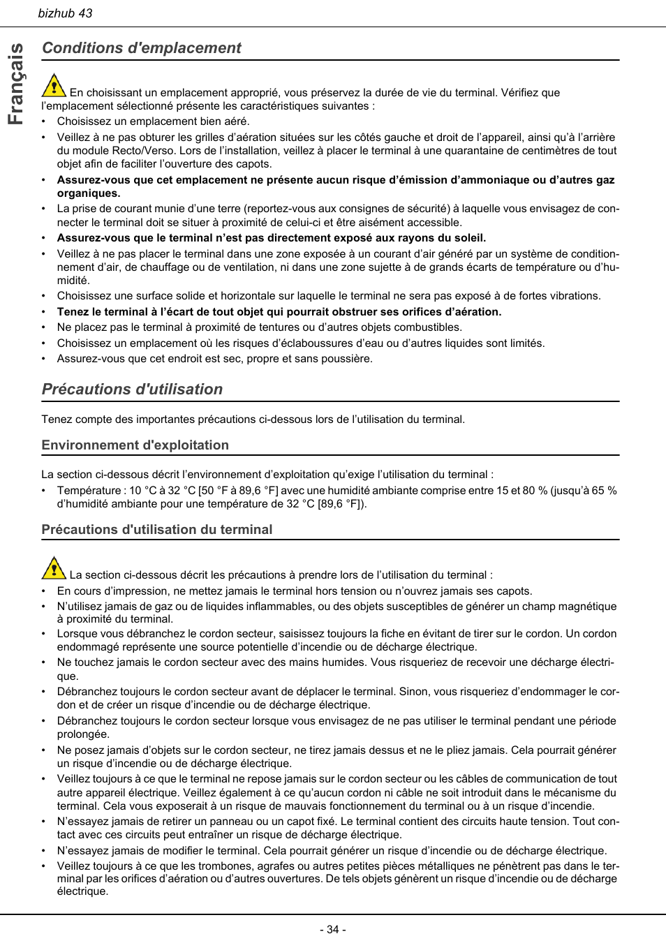 Conditions d'emplacement précautions d'utilisation, Français, Conditions d'emplacement | Précautions d'utilisation | Konica Minolta bizhub 43 User Manual | Page 36 / 258