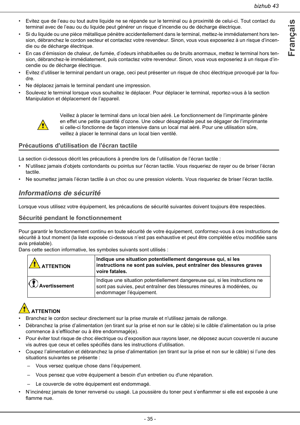 Précautions d'utilisation de l'écran tactile, Informations de sécurité, Sécurité pendant le fonctionnement | Français | Konica Minolta bizhub 43 User Manual | Page 37 / 258