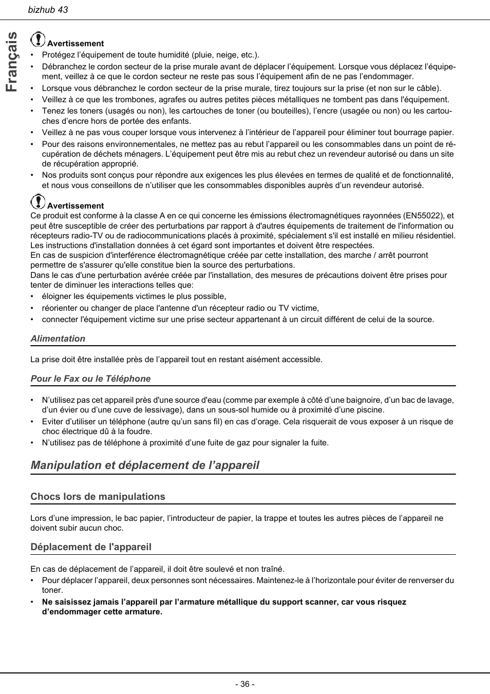 Manipulation et déplacement de l’appareil, Français | Konica Minolta bizhub 43 User Manual | Page 38 / 258