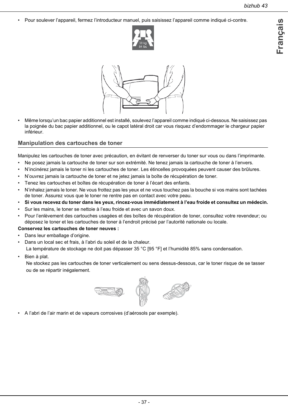 Manipulation des cartouches de toner, Français | Konica Minolta bizhub 43 User Manual | Page 39 / 258