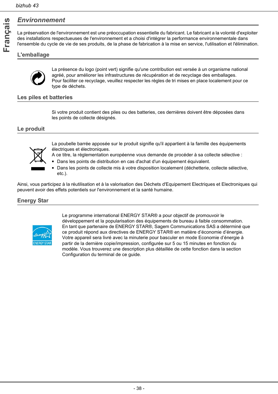 Environnement, Français, L'emballage | Les piles et batteries, Le produit, Energy star | Konica Minolta bizhub 43 User Manual | Page 40 / 258