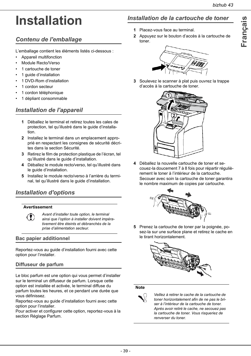 Installation, Bac papier additionnel diffuseur de parfum, Installation de la cartouche de toner | Français, Contenu de l'emballage, Installation de l'appareil, Installation d'options | Konica Minolta bizhub 43 User Manual | Page 41 / 258