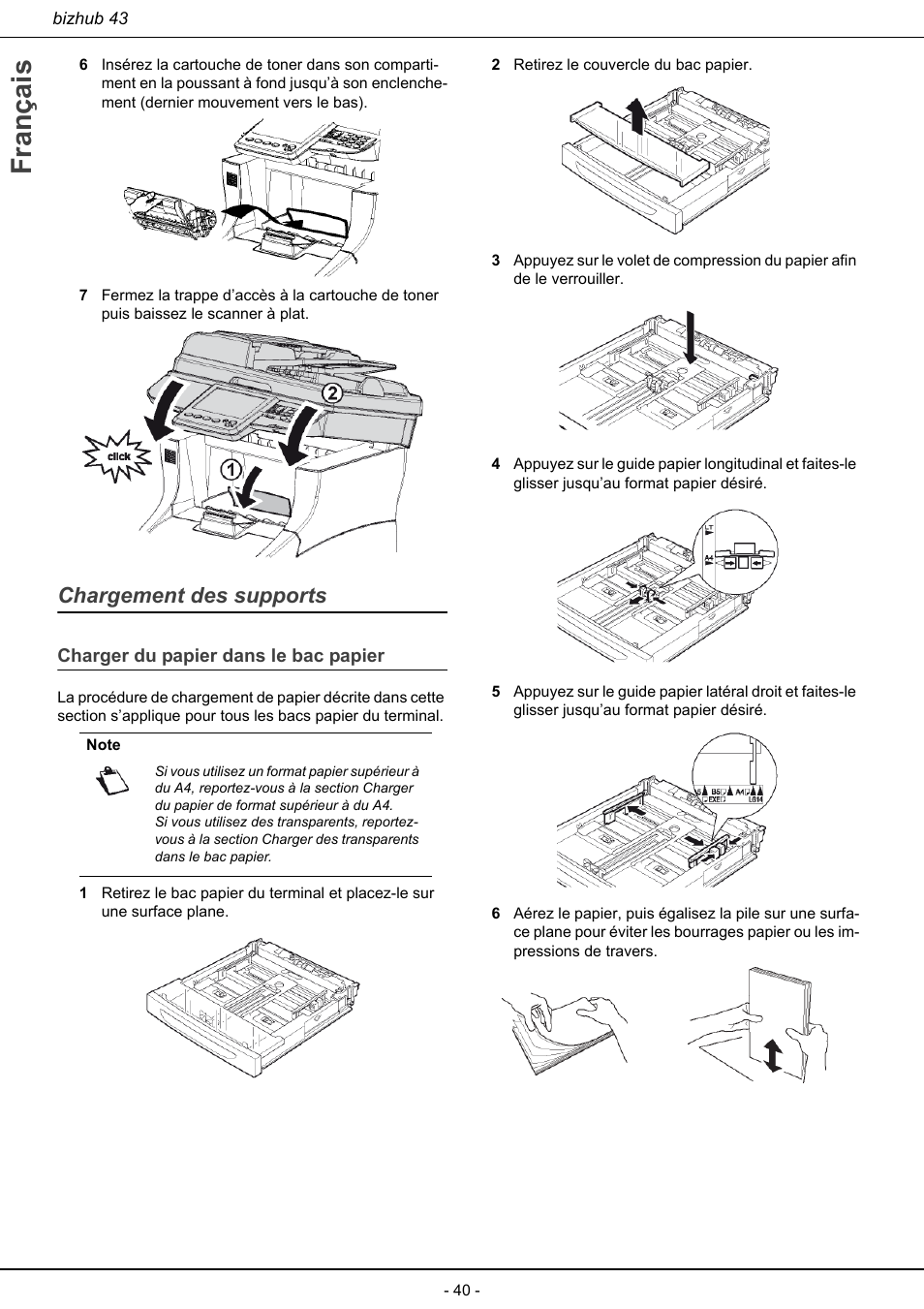 Chargement des supports, Charger du papier dans le bac papier, Français | Konica Minolta bizhub 43 User Manual | Page 42 / 258