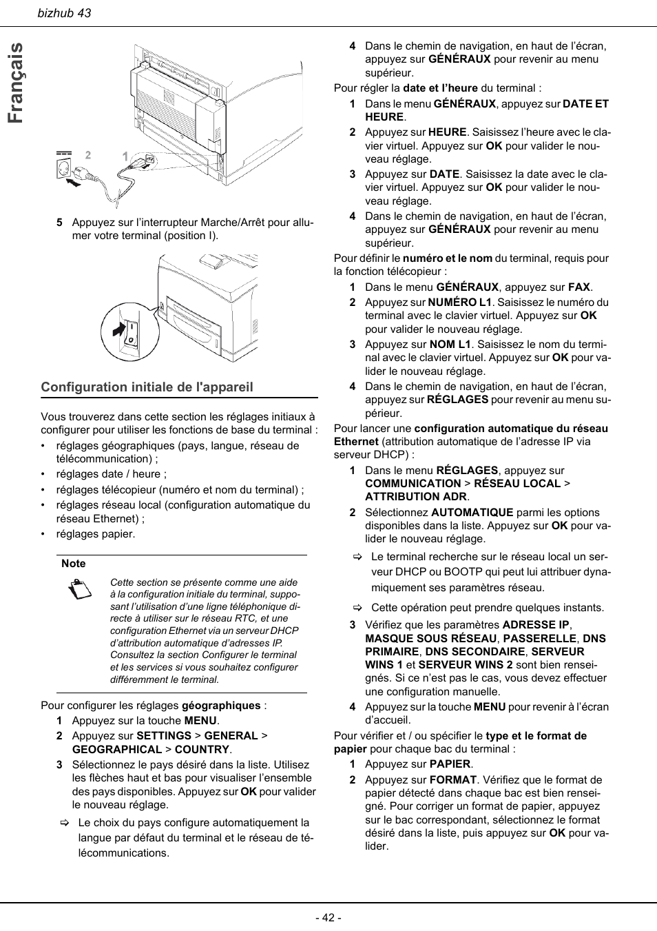 Configuration initiale de l'appareil, Français | Konica Minolta bizhub 43 User Manual | Page 44 / 258